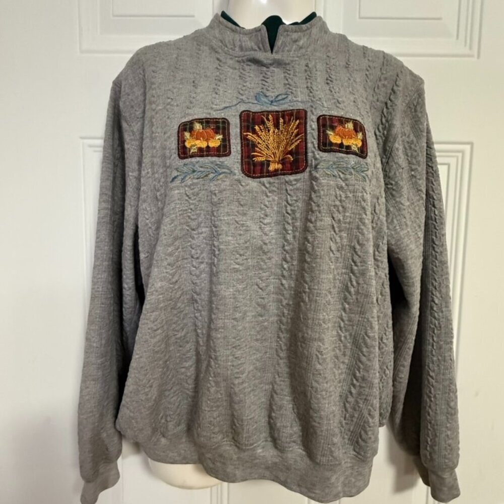 Vintage Baxter & Wells Petite Large Gray Embroidered Fall Harvest Sweatshirt‎
